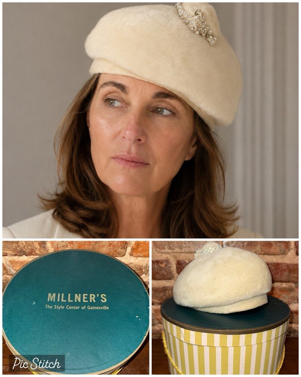 Vintage 50s 60s Ivory Duchess Italian Felt Toque Hat Rhinestone Bow Orig Box EUC